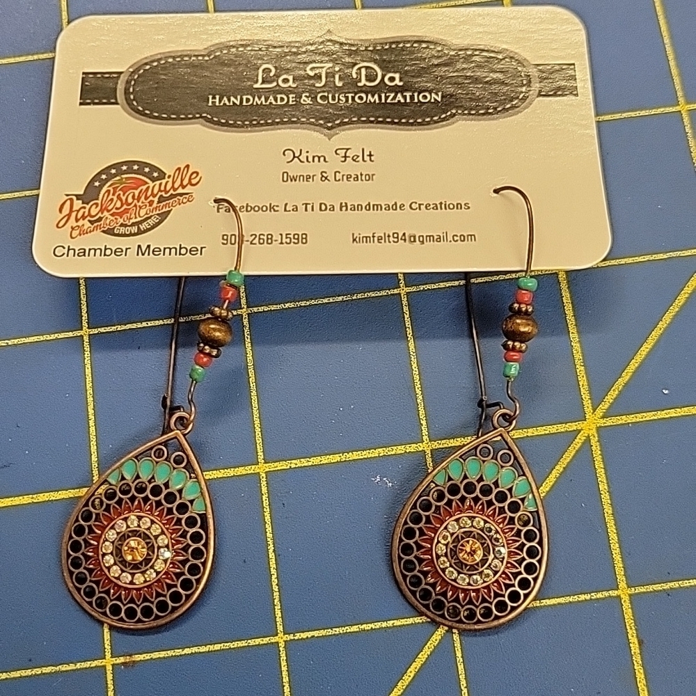 Bronze Metal  Dangle Turquoise Accent Earrings